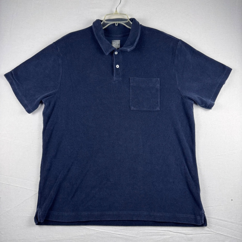Gap Mens XL Navy Blue Terry Cloth Wooly Feel Short Sleeve Pocket Polo Shirt